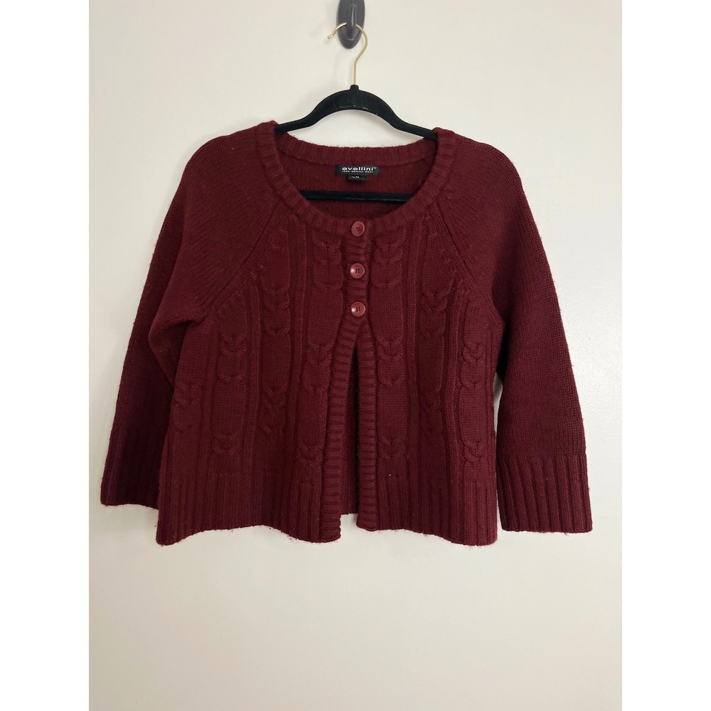 Vintage Dark Academia Cardigan Sweater M Burgundy 100% Merino Wool Cable Knit